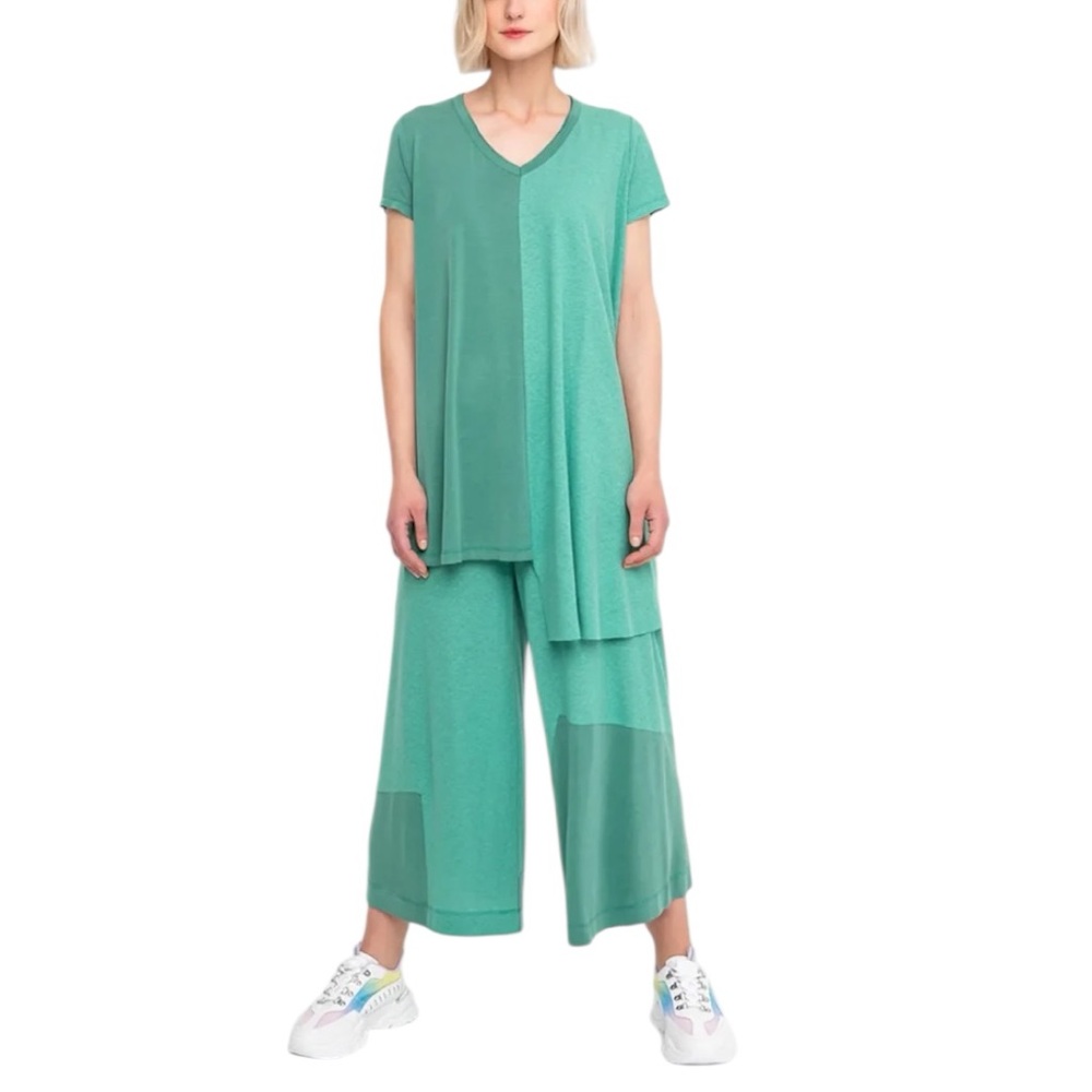 Ozai N Ku Green Wide Leg Cropped Cotton Linen Pants Size XS NWT Resort Lagenlook